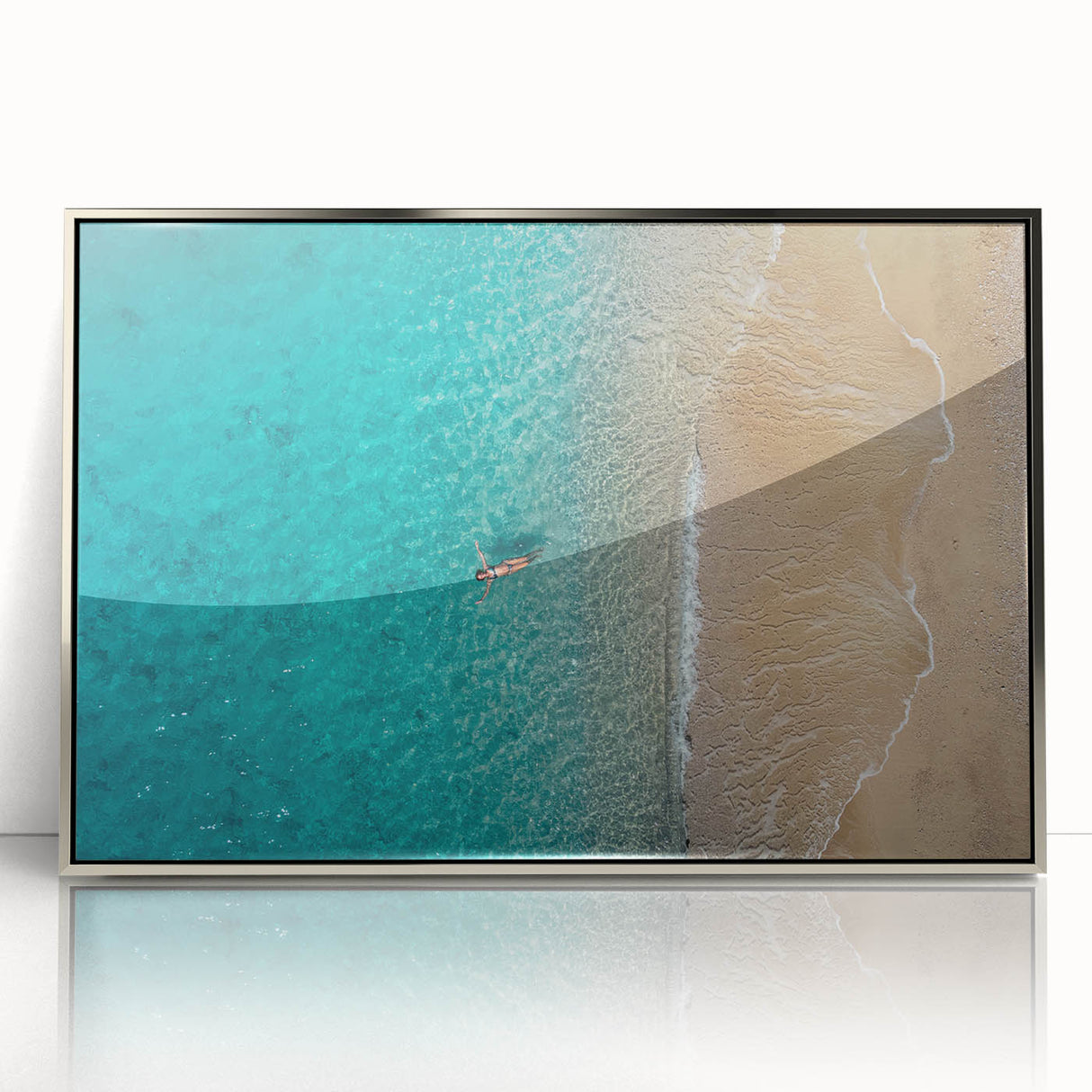 Framed acrylic print of a Mediterranean Sea landscape in muted blue and green tones, ideal for modern art wall decor.