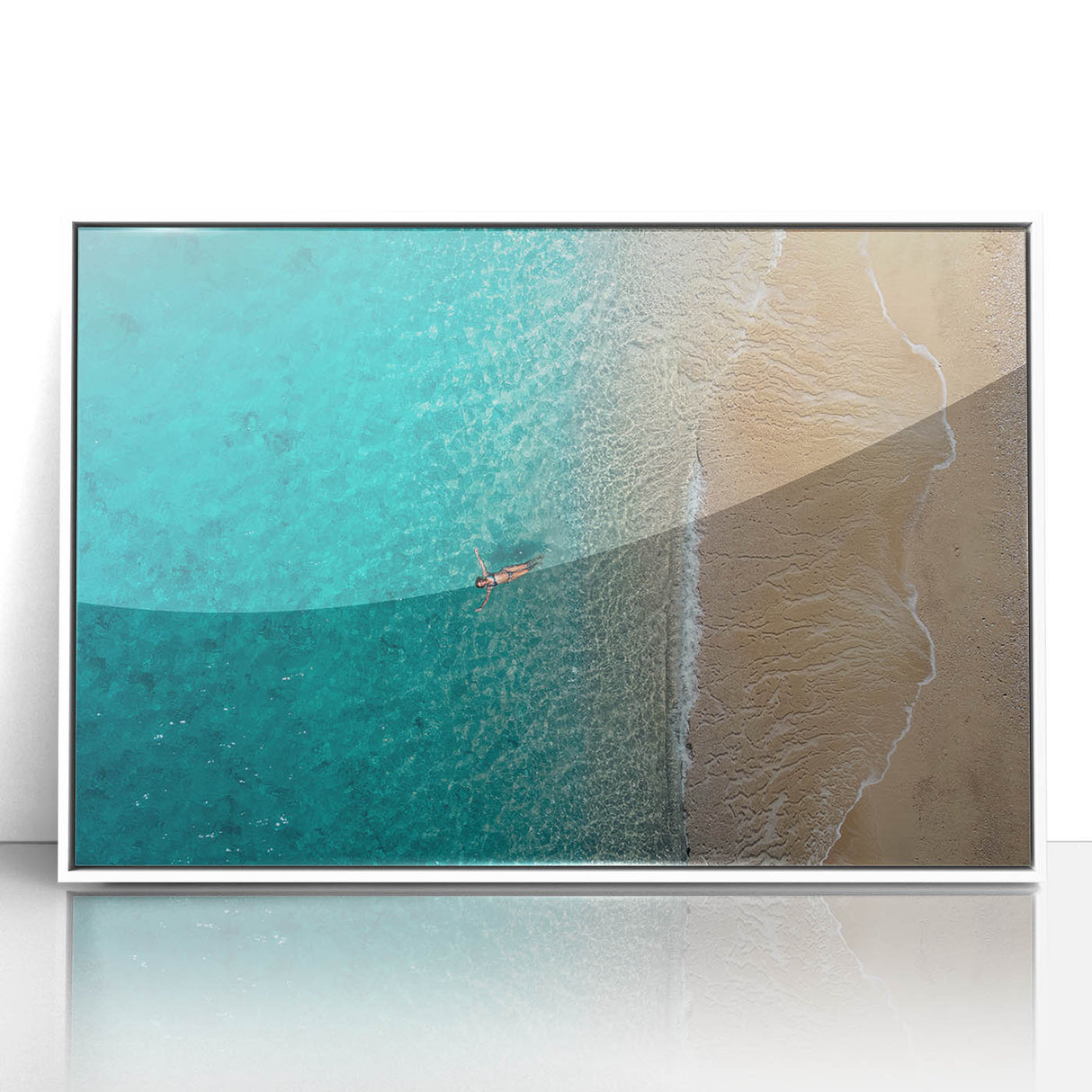 Mid-century modernist art of Mediterranean Sea scenery in muted blue tones on framed acrylic.