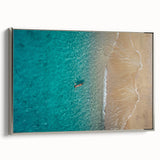 Framed canvas landscape art painting depicting the Mediterranean Sea, with vibrant blue waters and a silver frame.