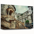 Acrylic print of a large abstract depiction of Monaco scenery in muted blue and green tones.