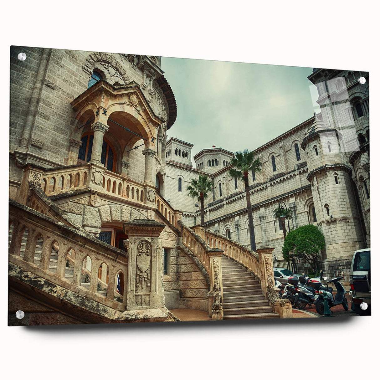 Acrylic print of a large abstract depiction of Monaco scenery in muted blue and green tones.