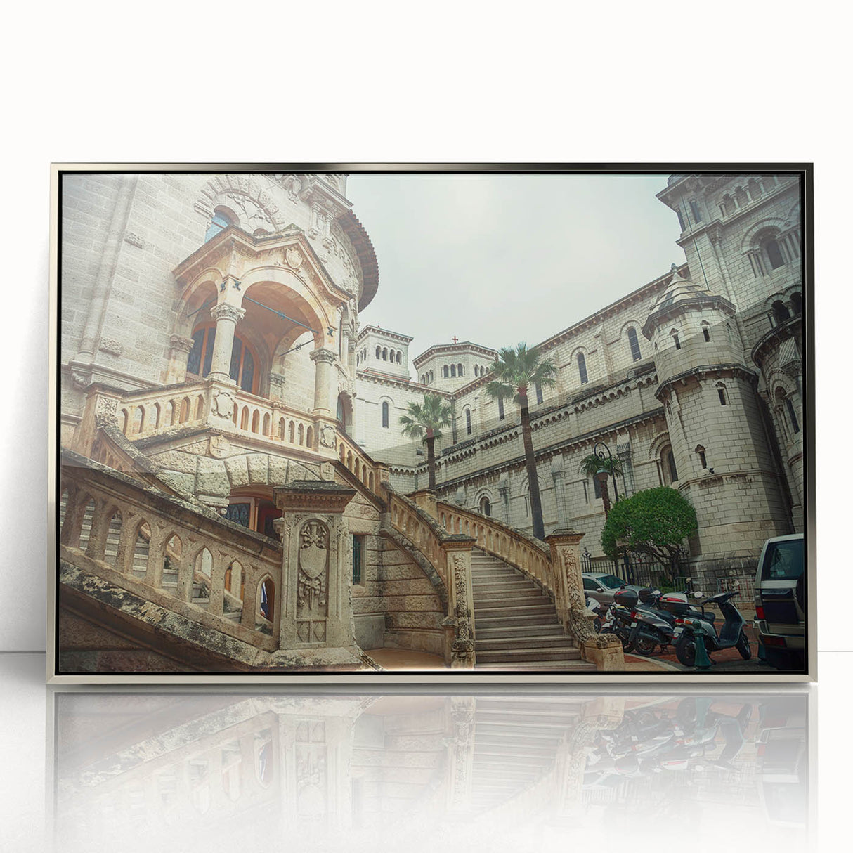 Large acrylic print of Monaco scenery in mid-century modernist style with silver frame, suitable for modern art wall decor.