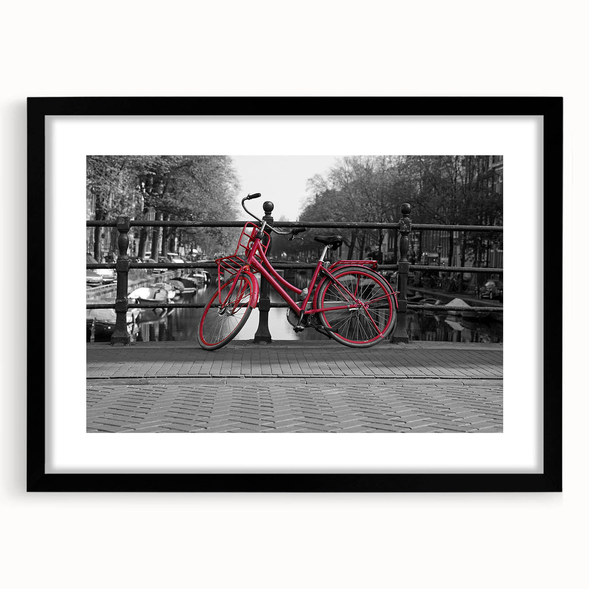 Extra large framed wall art of abstract Amsterdam scenery in colorful, textured tones, ideal for living room decor.