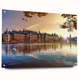 Acrylic glass print of a serene Dutch landscape in muted green and blue tones, suitable for dining room decor.