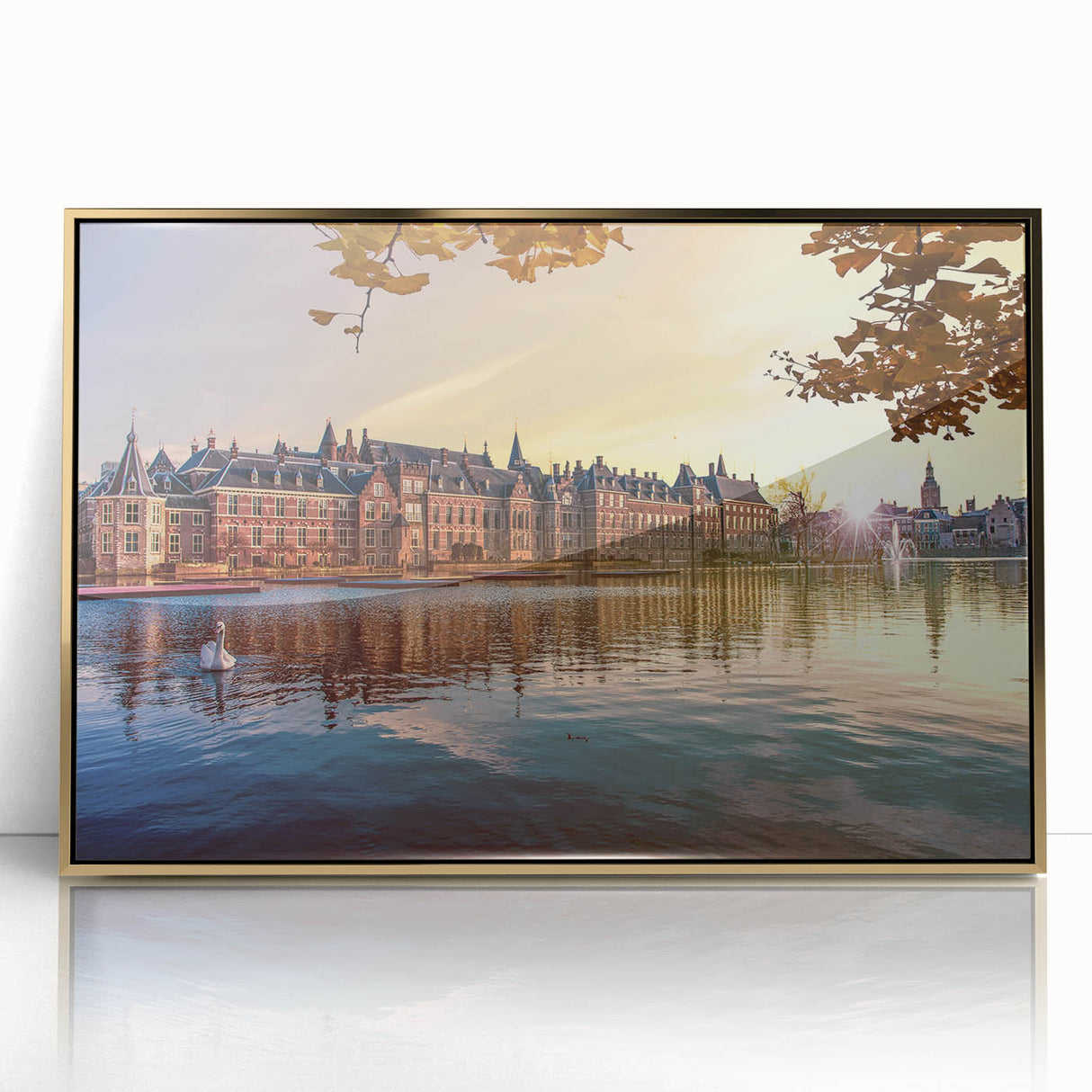 Art Deco-style poster of a European scenery, in muted gold tones on acrylic frame, suitable for nursery wall art.