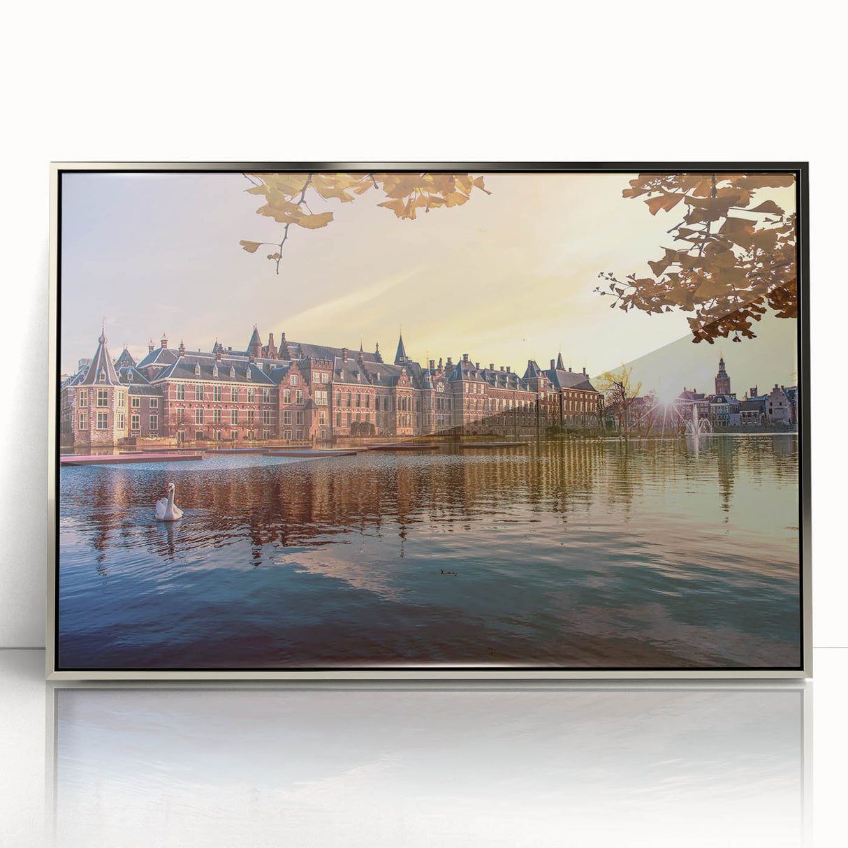Framed acrylic print of a European scenery in muted green and blue tones, ideal for modern art wall decor.