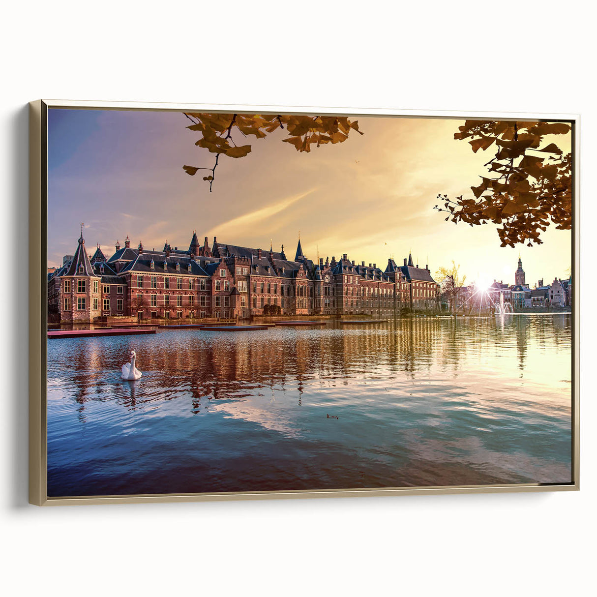 Framed canvas featuring a vintage-style landscape painting of the Netherlands in black and gold tones.