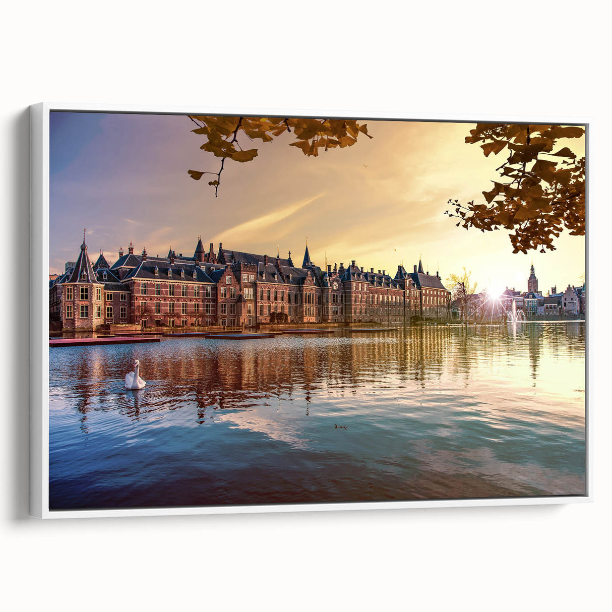 Vintage poster art of a colorful European scenery on a large framed canvas, ideal for living room decor.