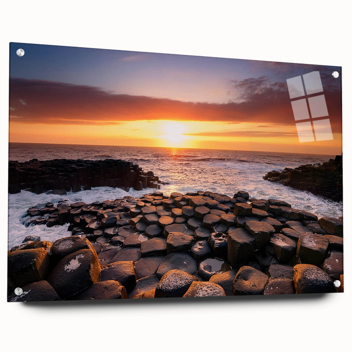 Acrylic print of Northern Ireland landscape in muted green and blue tones, ideal for dining room decor.