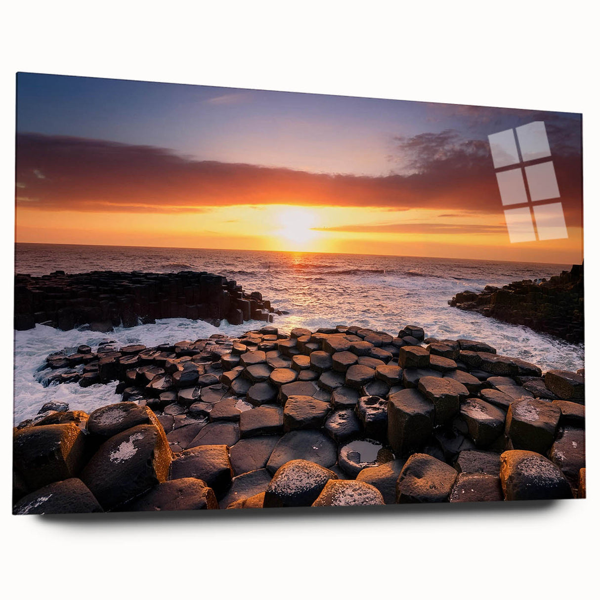 Large abstract wall art of Northern Ireland scenery in muted green and blue tones on acrylic glass.