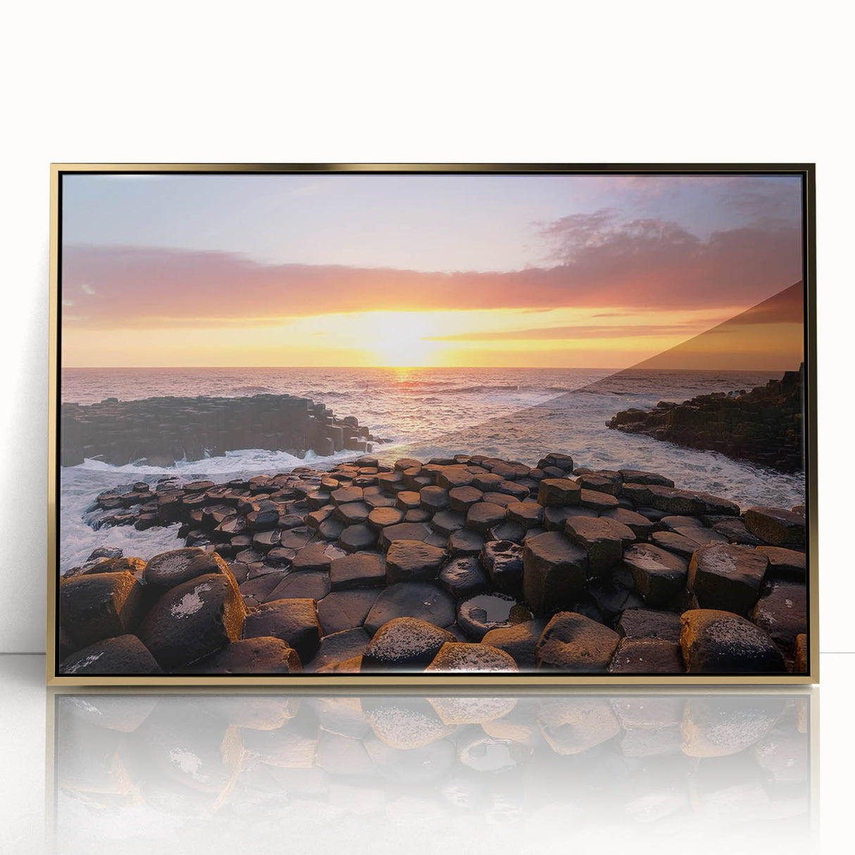 Art deco poster of Northern Ireland scenery in gold frame, acrylic print, suited for modern nursery decor.