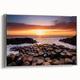 Framed canvas landscape art painting of Northern Ireland's coastline in muted greens and blues.