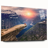 Large abstract wall art of a Norwegian landscape in muted blues and greens on acrylic glass.