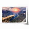 Rolled canvas print depicting a serene Norwegian landscape in muted green and blue tones.