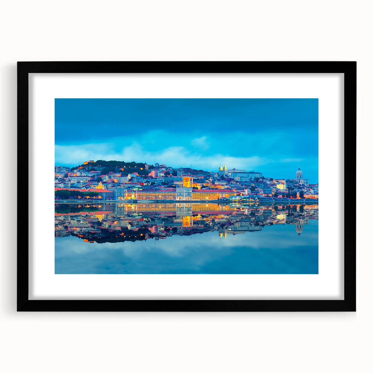Abstract art print of Lisbon scenery in vibrant colors on a large framed canvas, ideal for living room decor.