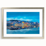 Extra large abstract art print of Lisbon scenery in textured style, with muted earth tones, framed in silver.