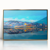 Art deco poster of Lisbon scenery in gold frame, featuring muted earth tones, ideal for modern nursery decor.