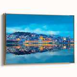 Framed canvas depicting a vintage-style Lisbon landscape in muted gold and black tones, ideal for bedroom wall art.