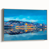 Framed canvas featuring a colorful Lisbon landscape in vintage poster art style, ideal for enhancing black wall decor.