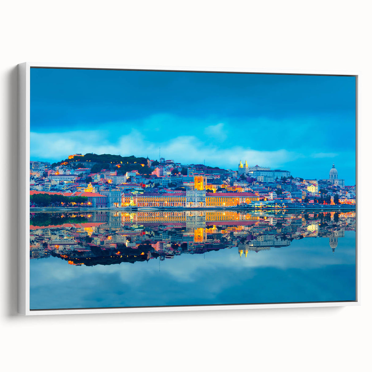 Vintage poster art of Lisbon featuring vibrant colors on a large framed canvas, ideal for living room decor.