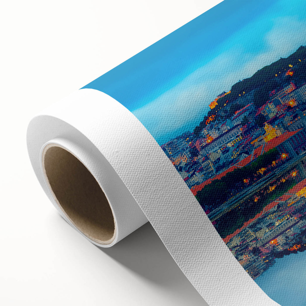 Art deco poster of Lisbon scenery in muted pastel shades on rolled canvas, ideal for nursery wall art.