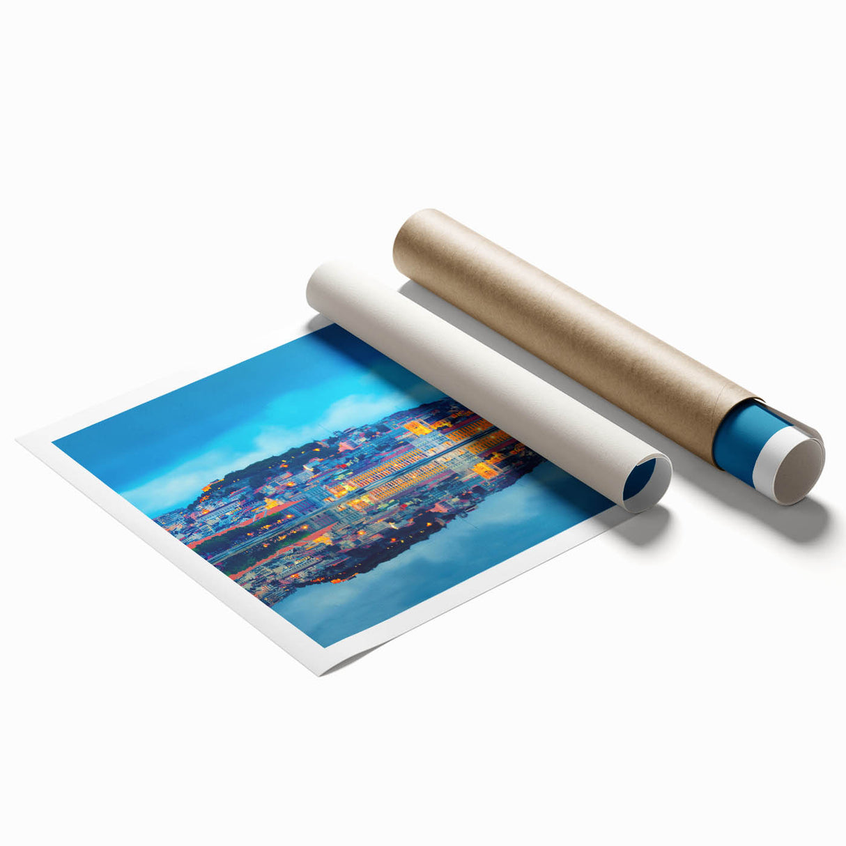 Extra large rolled print of Lisbon scenery with vibrant floral elements, perfect for classy bathroom wall art.