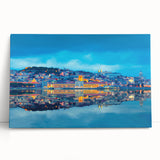 Black and white large art print of Lisbon's cityscape on stretched canvas, ideal for kitchen wall art.