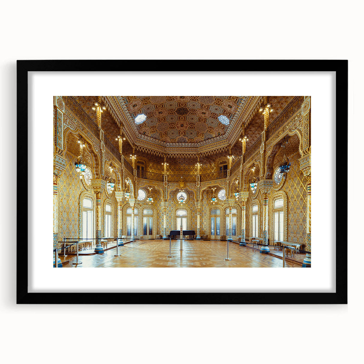 Abstract art print of Porto, Portugal in vibrant colors on a large textured canvas, framed in black.