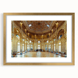 Abstract art print of Porto, Portugal in muted blue and gold tones on a framed canvas, suitable for dining room decor.