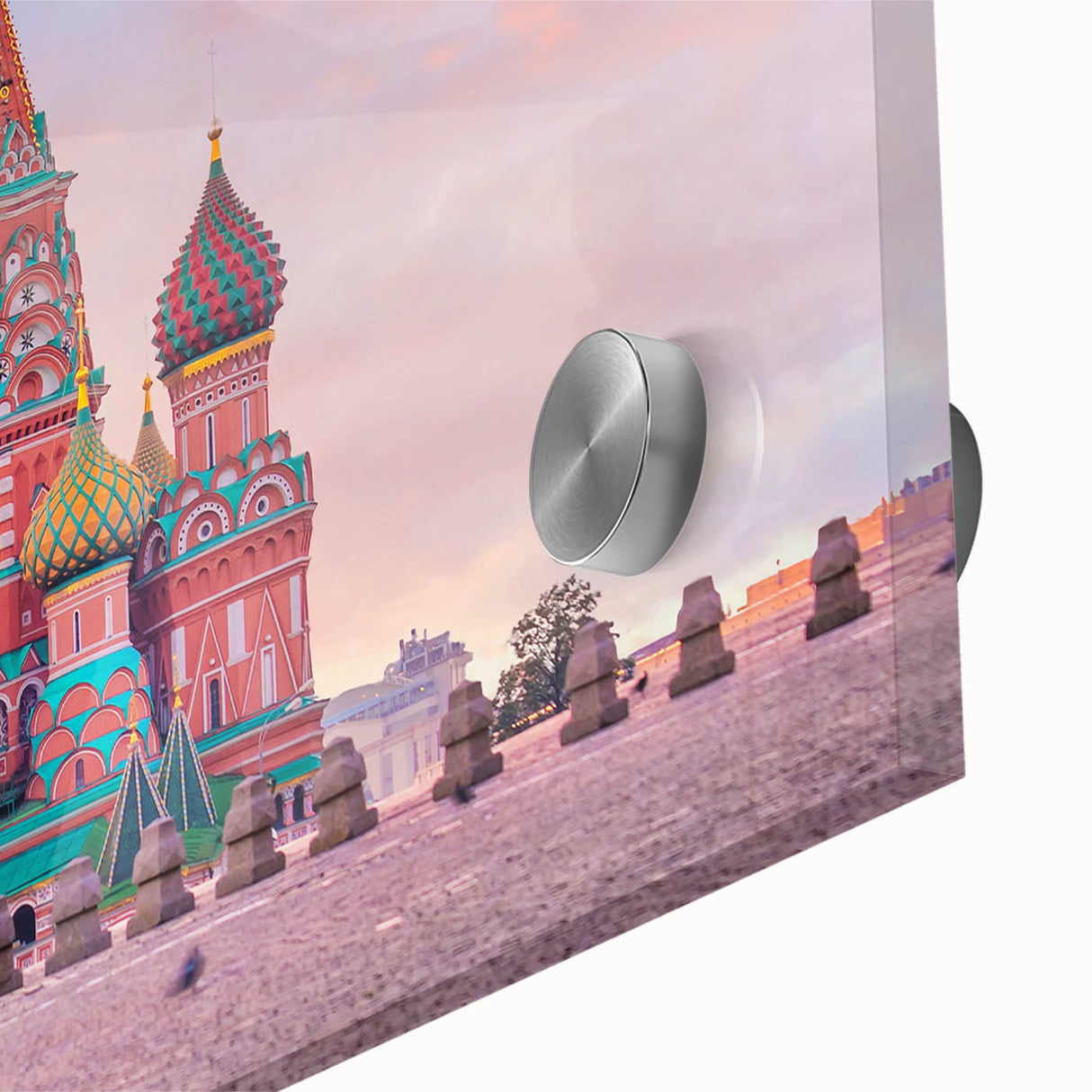 Large abstract depiction of Moscow skyline in muted gray and blue on acrylic glass, suitable for dining room art.
