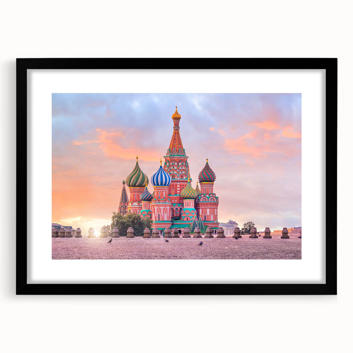 Extra large abstract art print of colorful, textured Moscow scenery on a black framed canvas, ideal for living room decor.