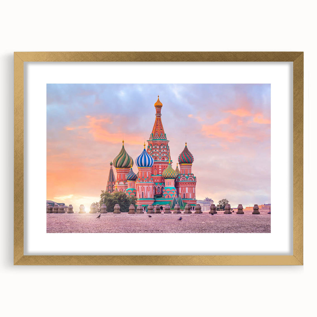 Abstract art print of Moscow skyline in muted gold and gray tones on a framed canvas, ideal for dining room decor.