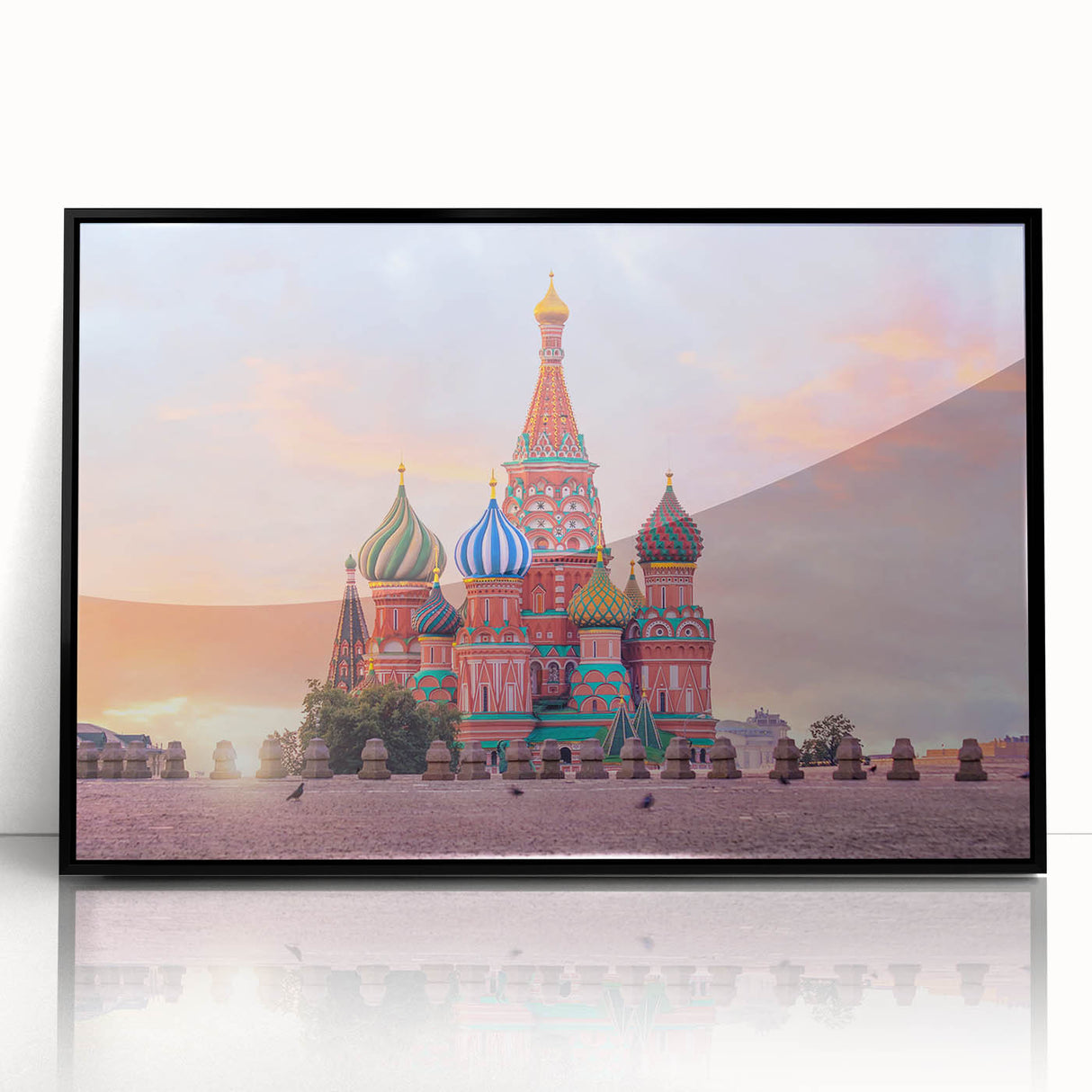 Large abstract wall art of Moscow skyline in muted gray, on black framed acrylic, ideal for modern living room decor.