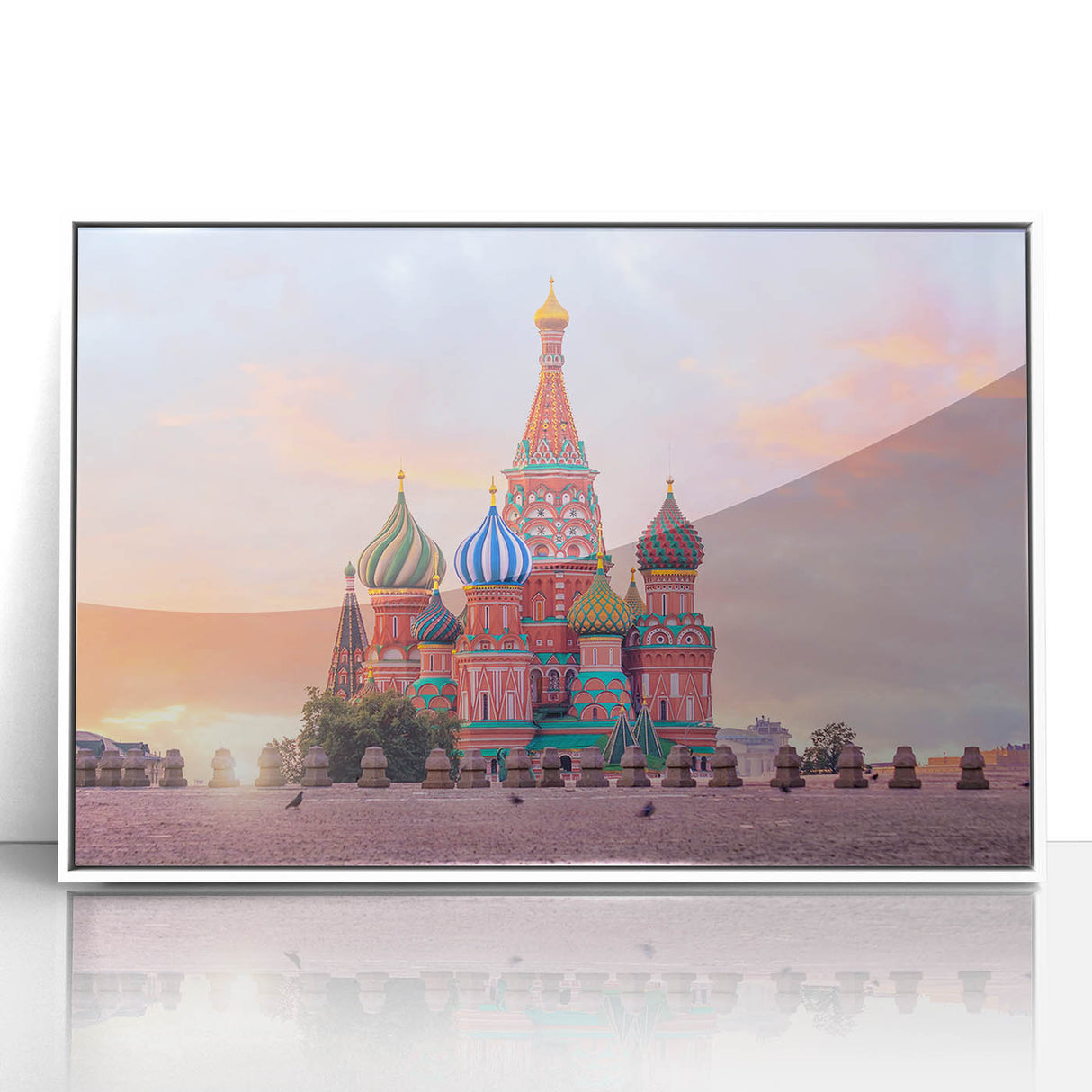 Mid-century modernist art of Moscow skyline in muted gray and blue tones on a framed acrylic, ideal for nursery wall art.