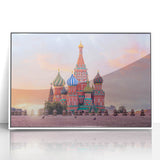 Mid-century modernist art of Moscow skyline in muted gray and blue tones on a framed acrylic, ideal for nursery wall art.