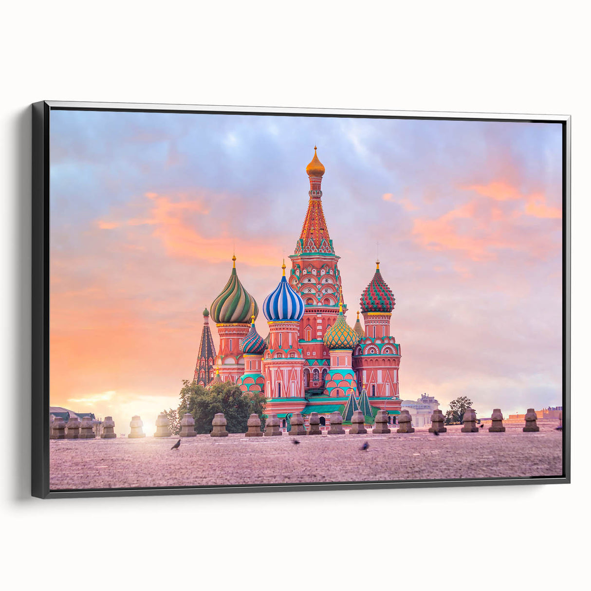 Black and white wall art depicting a vintage poster-style landscape of Moscow on framed canvas, suitable for bedroom decor.