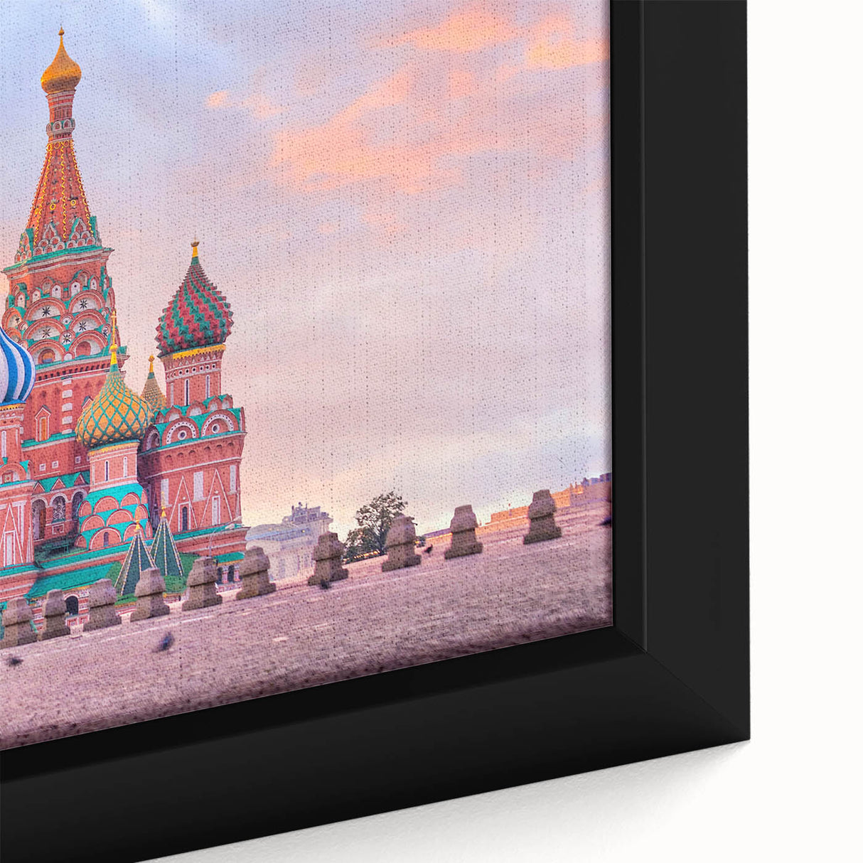 Extra large framed canvas featuring a textured depiction of the Moscow skyline in black with colorful art accents.