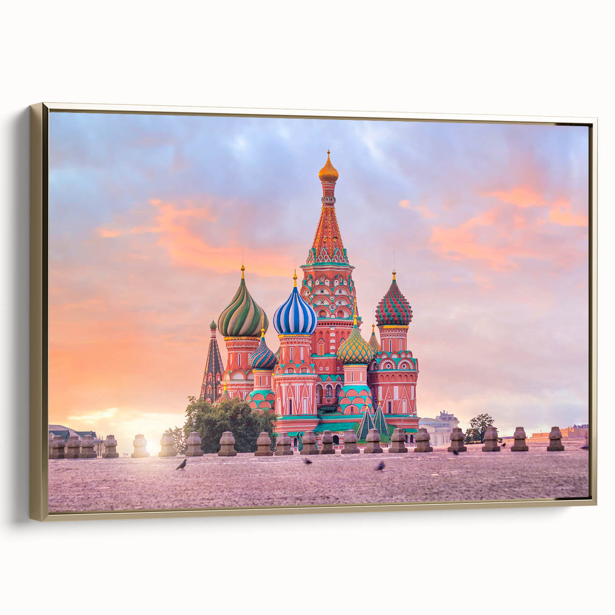 Framed canvas of a vintage-style Moscow landscape in black and gold tones, ideal for bedroom wall art.