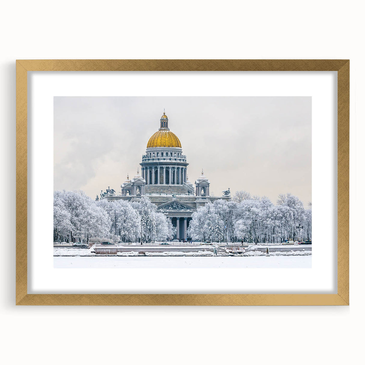 Abstract art print of St. Petersburg skyline in muted gold and blue tones on a framed canvas, suitable for dining room decor.