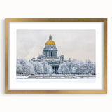 Abstract art print of St. Petersburg skyline in muted gold and blue tones on a framed canvas, suitable for dining room decor.