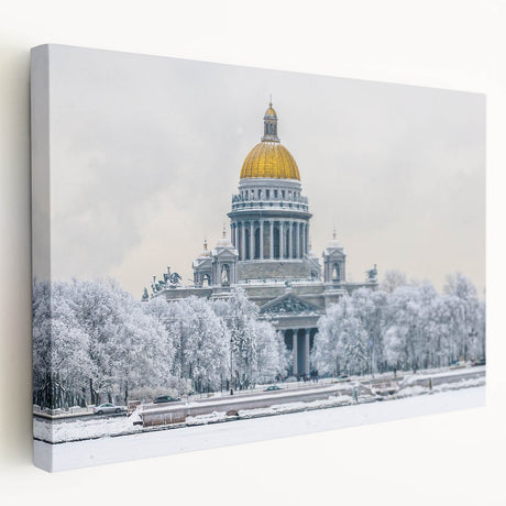 Side view of a stretched canvas featuring a detailed scene of St.