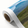 Art Deco style poster of a serene Scottish landscape in muted greens and blues on rolled canvas.
