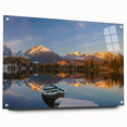 Large abstract wall art of a European scenery on acrylic glass, in cool blue tones.