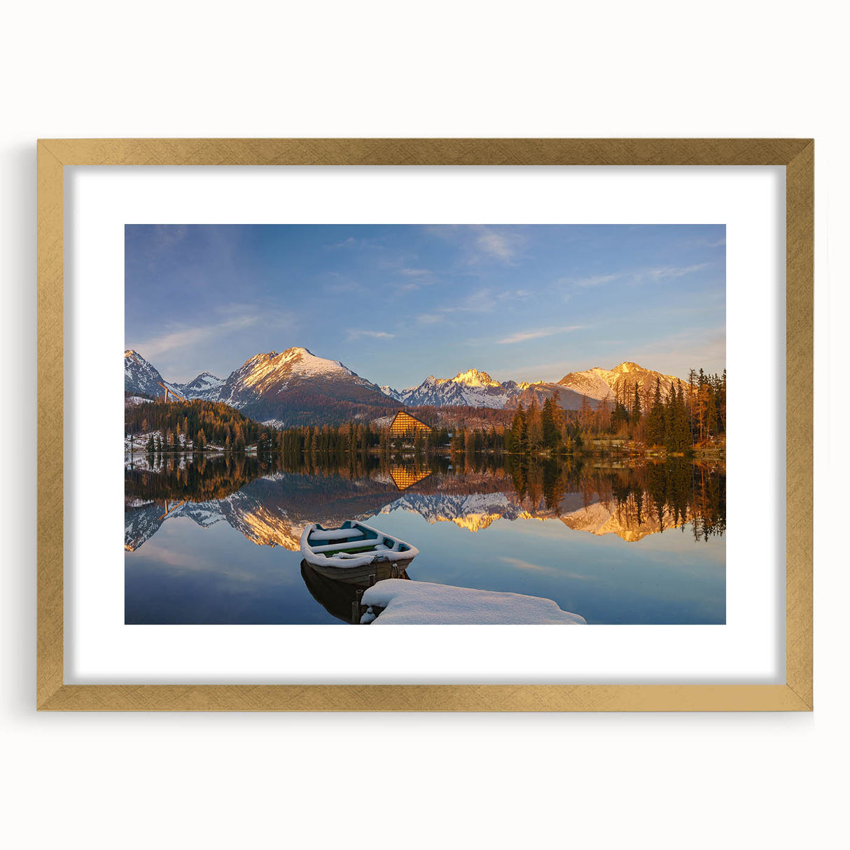 Abstract art print of a European landscape in muted earth tones on a framed gold canvas, suitable for dining room decor.