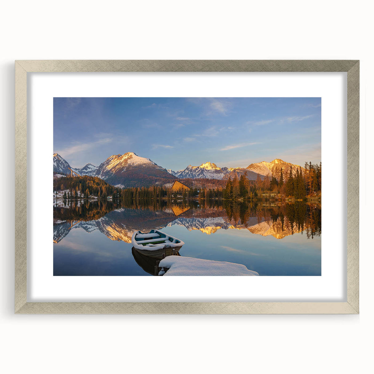 Extra large abstract art print of a European scenery in muted earth tones on a framed canvas, ideal for living room decor.