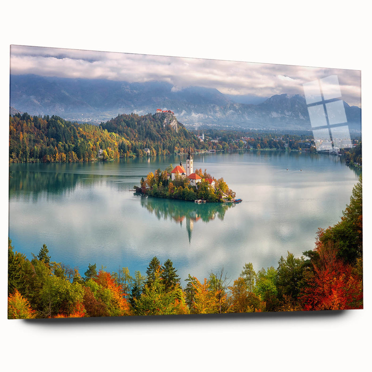 Large abstract wall art of a European scenery in muted earth tones on acrylic glass.