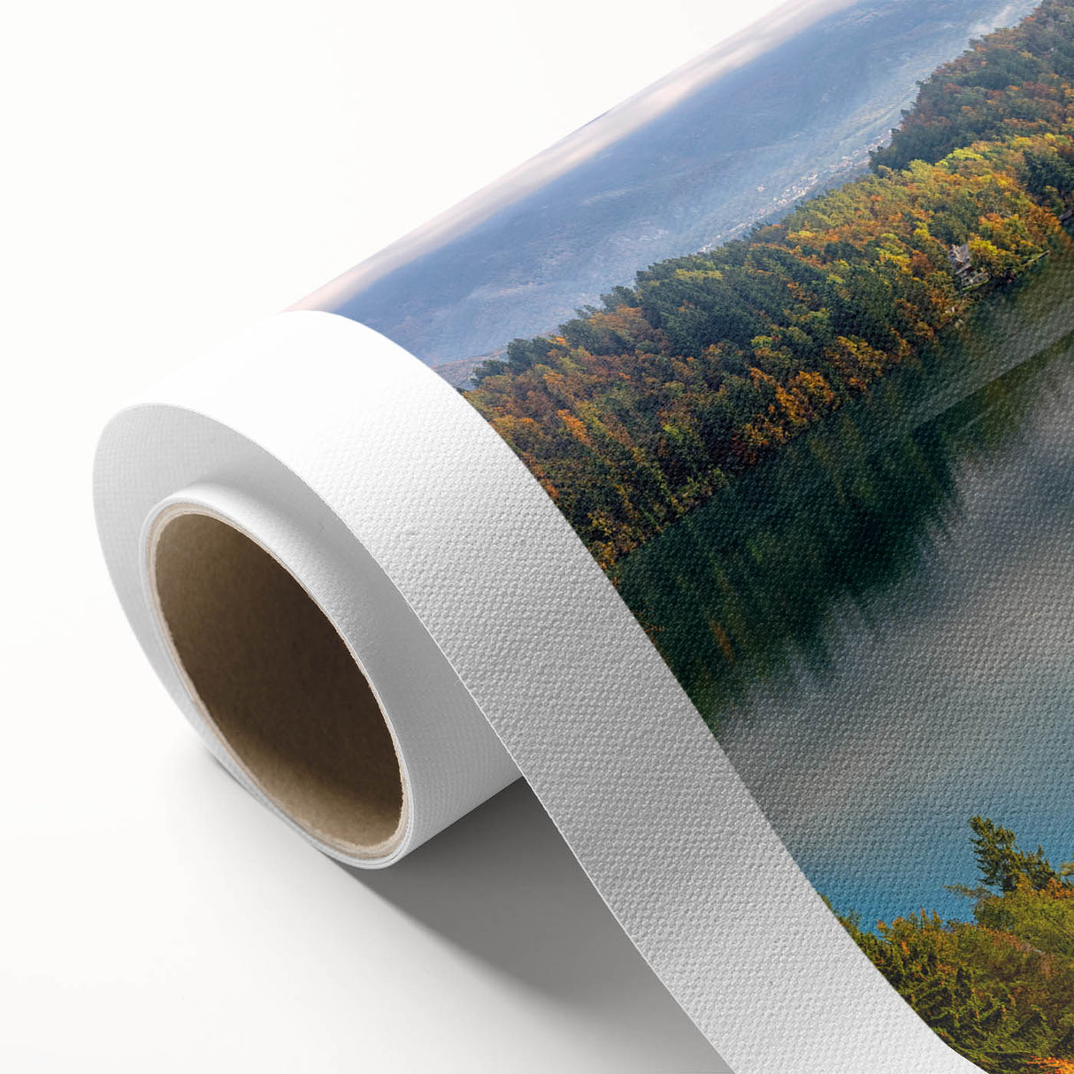 Art Deco poster of a scenic Slovenian landscape on rolled canvas, in soft pastel shades, ideal for nursery wall art.