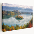Scenic view of a Slovenian landscape on a large stretched canvas, featuring lush greenery and a mountain backdrop.