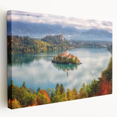 Scenic view of a Slovenian landscape on a large stretched canvas, featuring lush greenery and a mountain backdrop.