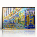Mid-century modernist art depicting Andalusian landscape in muted earth tones on a framed acrylic print.